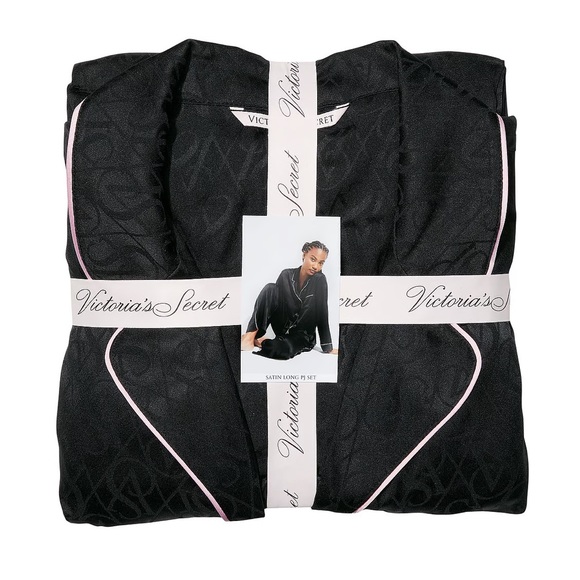NEW VICTORIA'S SECRET Satin Long Pajama Set Satin Jacquard Black Logo Jacquard - Picture 4 of 4